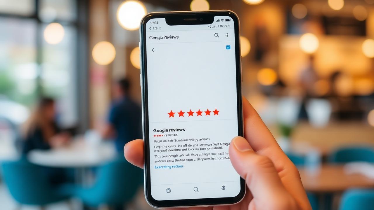 Smartphone affichant des avis Google 5 étoiles dans un café