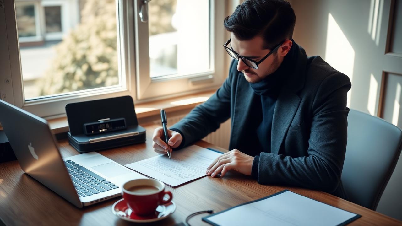 Jeune entrepreneur français signant ses documents de création d'entreprise sur un bureau en bois