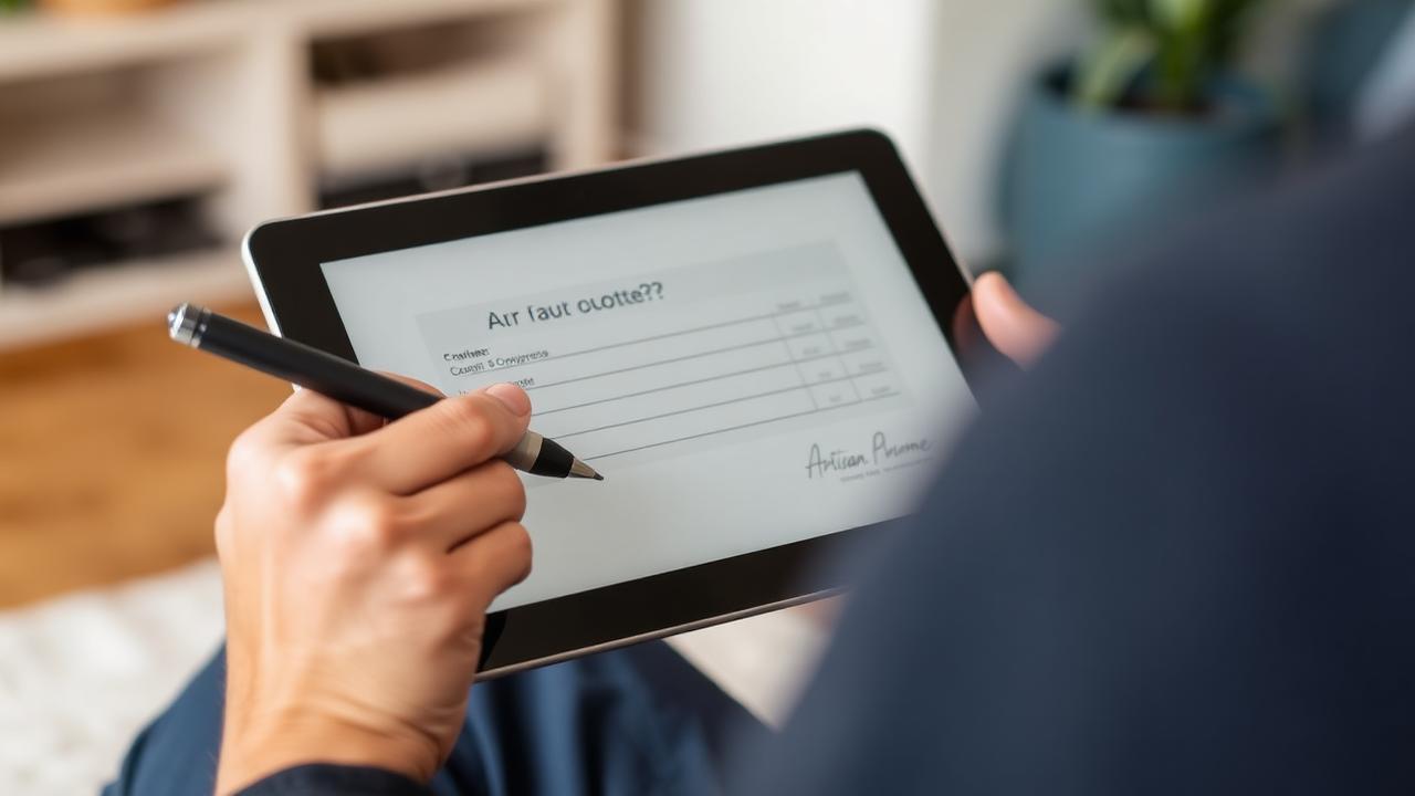 Artisan remplissant un devis numérique sur tablette tactile chez un client