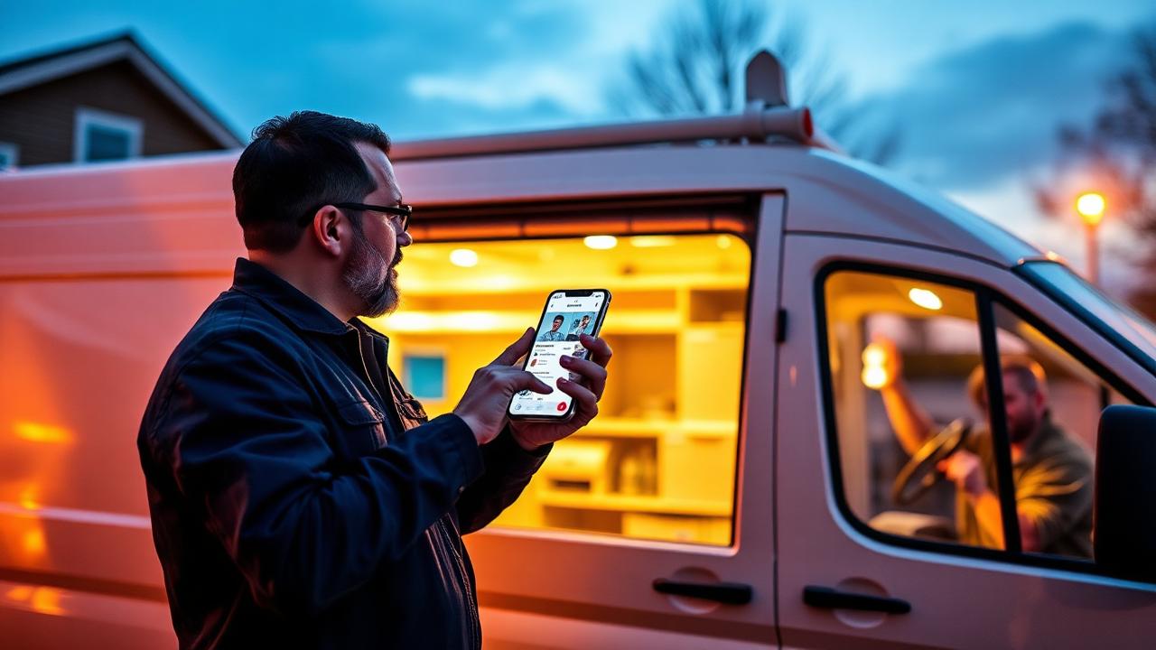 Artisan électricien consultant sa fiche Google Business Profile depuis son smartphone à côté de sa camionnette