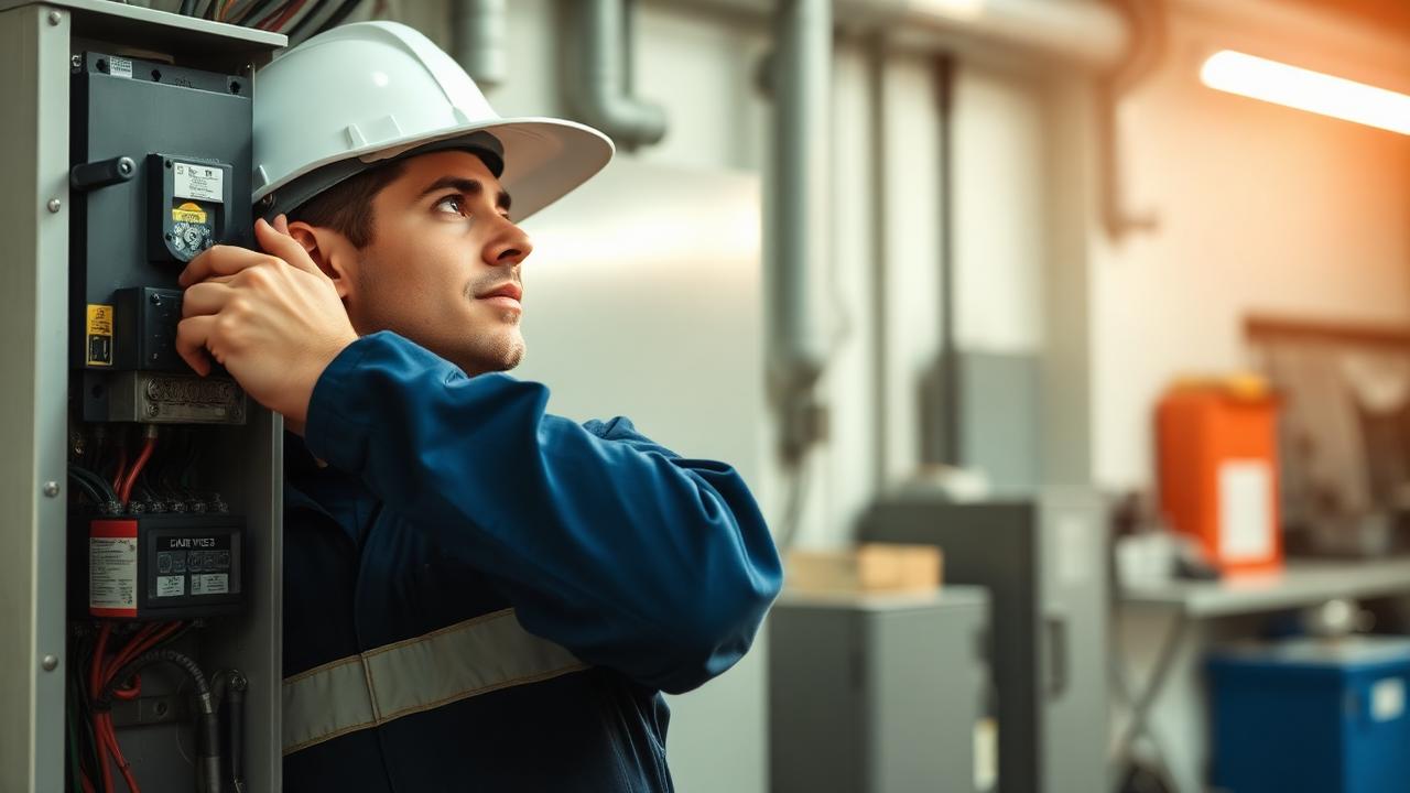 Électricien français en uniforme et casque de protection travaillant sur un tableau électrique