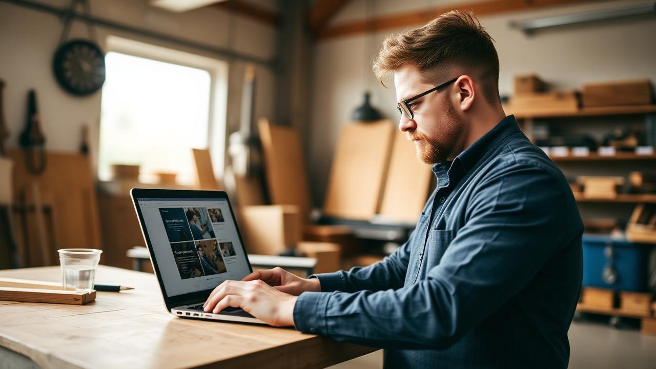 Artisan menuisier consultant son site internet sur ordinateur portable dans son atelier