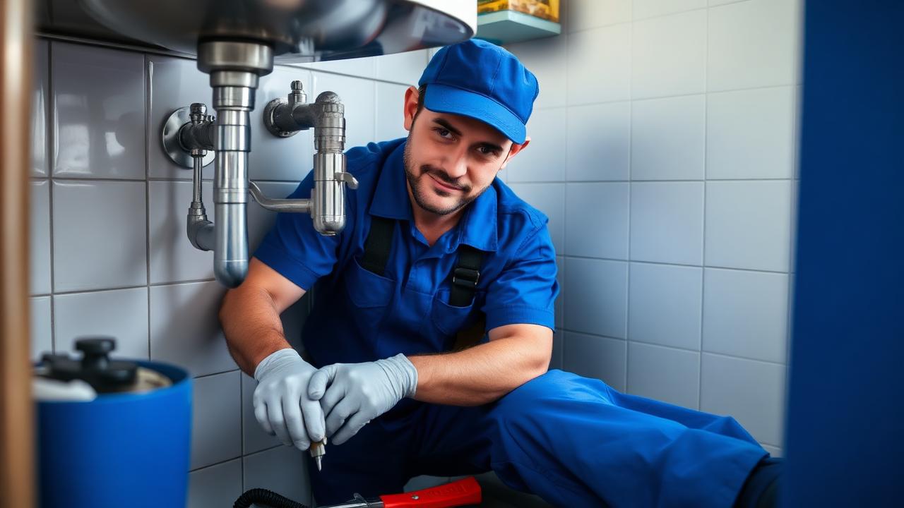 Plombier français en uniforme bleu travaillant sous un évier